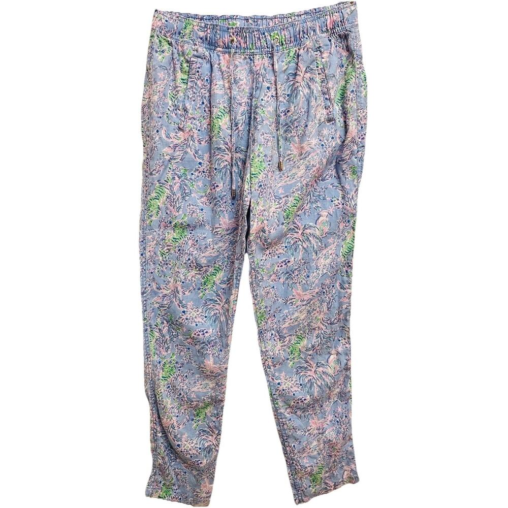Lilly Pulitzer Women’s Pants Taron Pull On Medium 100% Linen Surf Blue Soleil